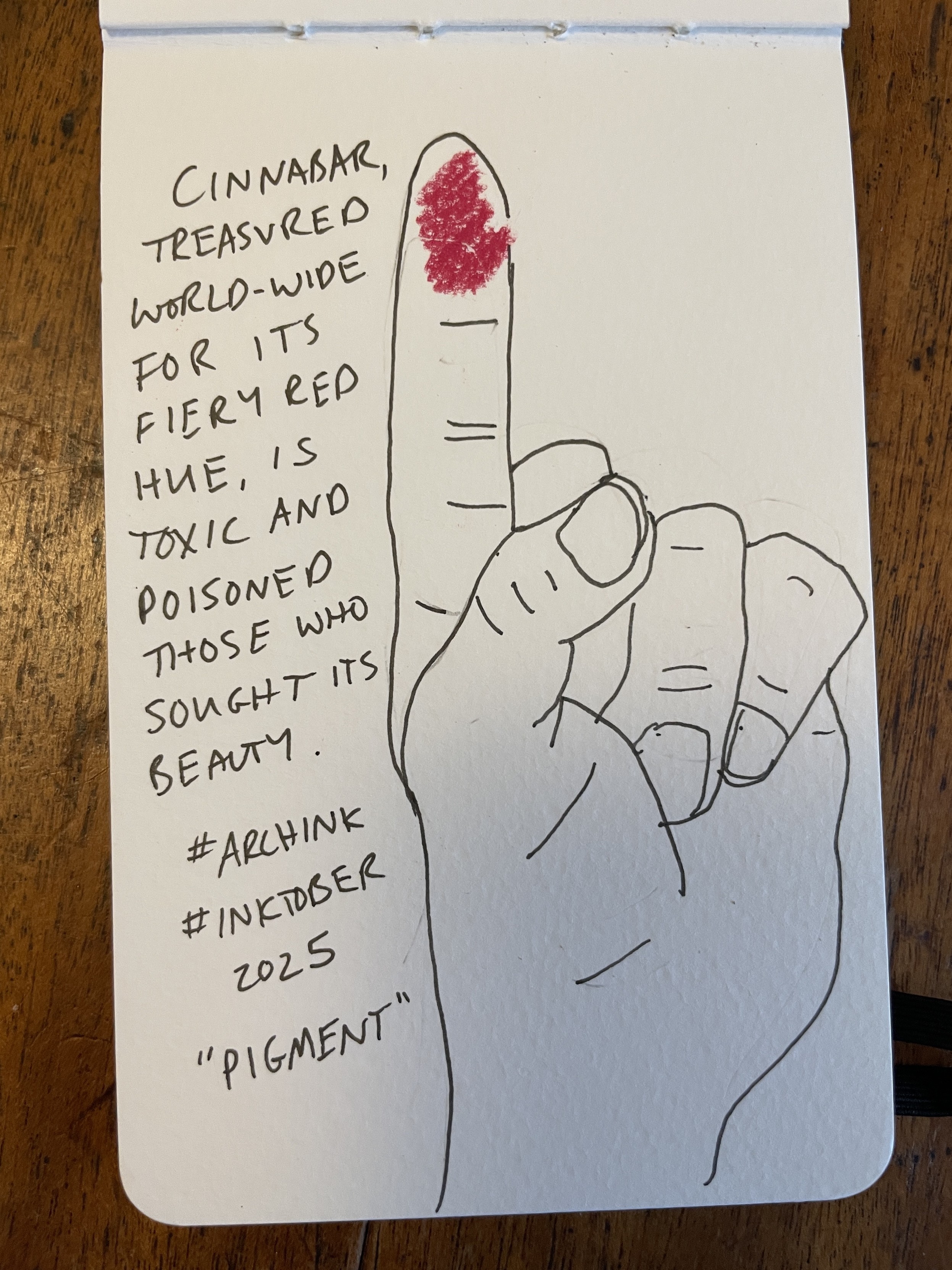A drawing with a finger held up and red pigment on the fingertip. Next to it is written “cinnabar, treasured world-wide for its fiery red hue, is toxic and poisoned those who sought its beauty.” Hashtags are in the tweet.