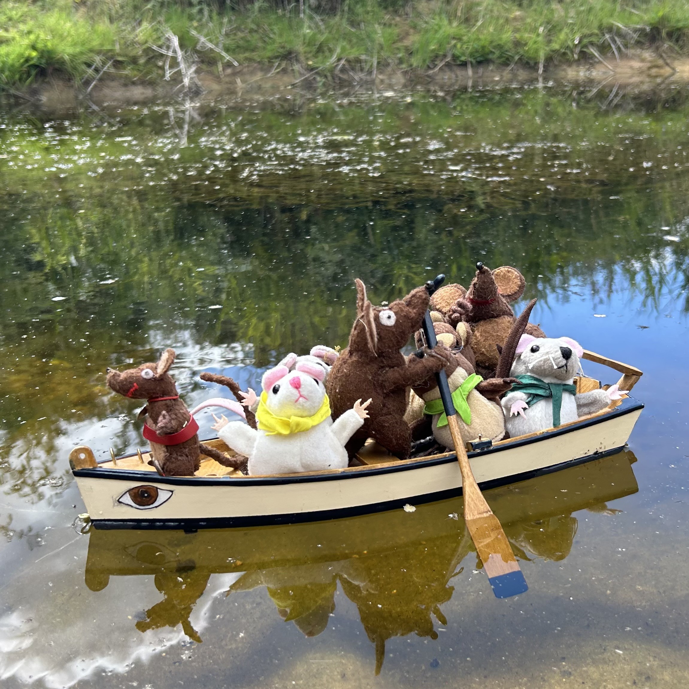 Photo of Minimus, Minima and Silvius, the Latin mice, with the little cousins, afloat in their boat. As usual, Minimus is rowing (sitting the right way round this time!) and Minima is steering, while Silvius keeps watch from the prow. The baby mice are whingeing, but at least none of them have fallen overboard yet...